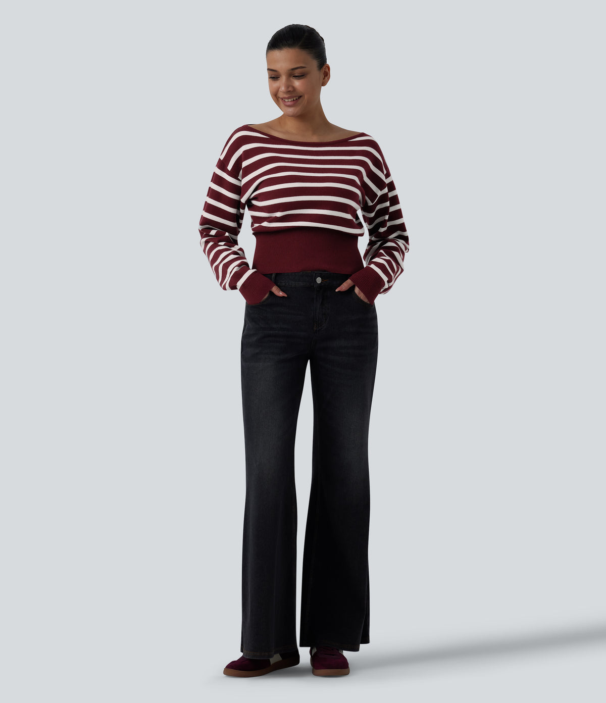 One-shoulder Long Sleeve Stripes Casual Jumper — Merlot Stripe — view 5