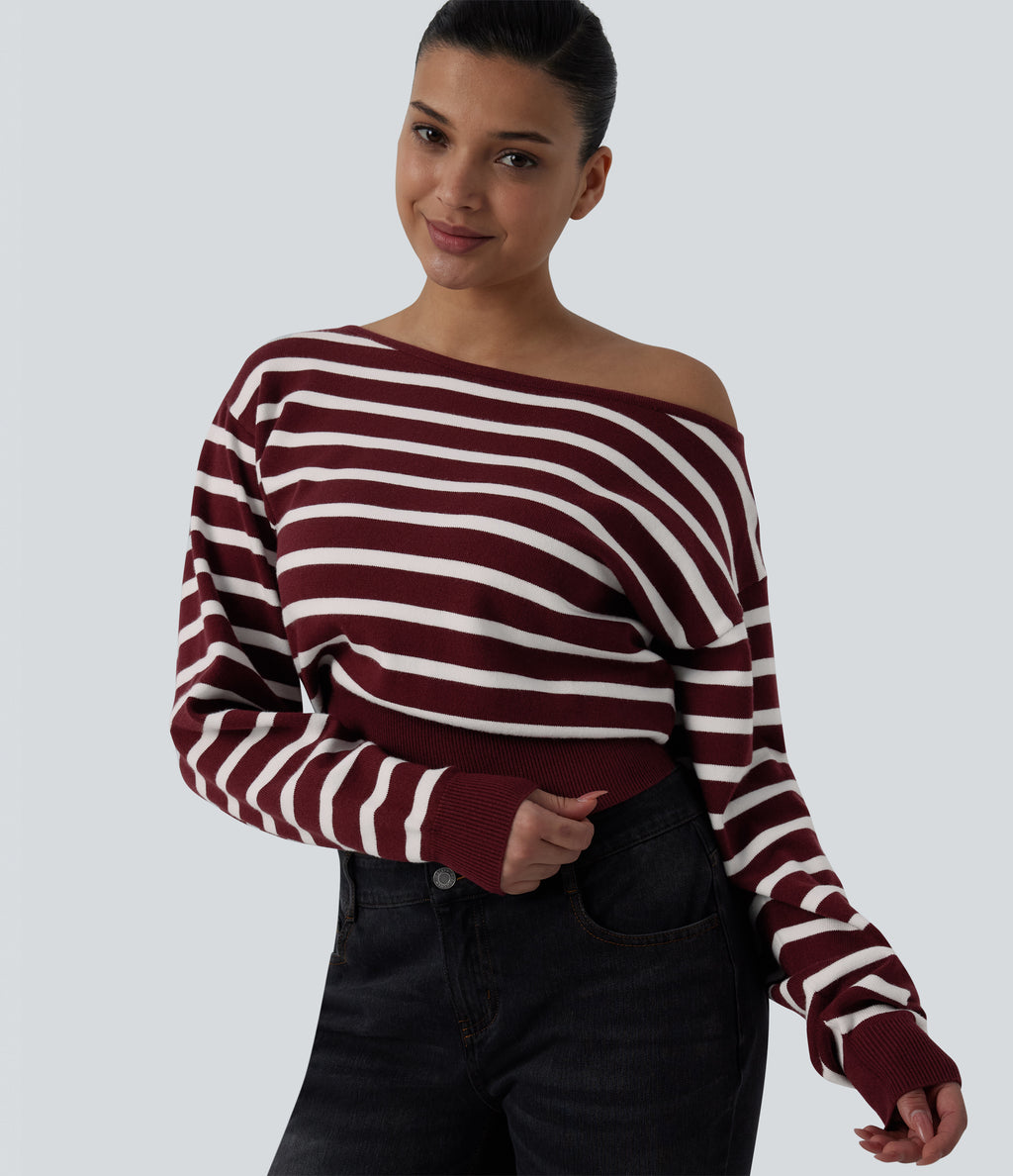 One-shoulder Long Sleeve Stripes Casual Jumper — Merlot Stripe — view 4