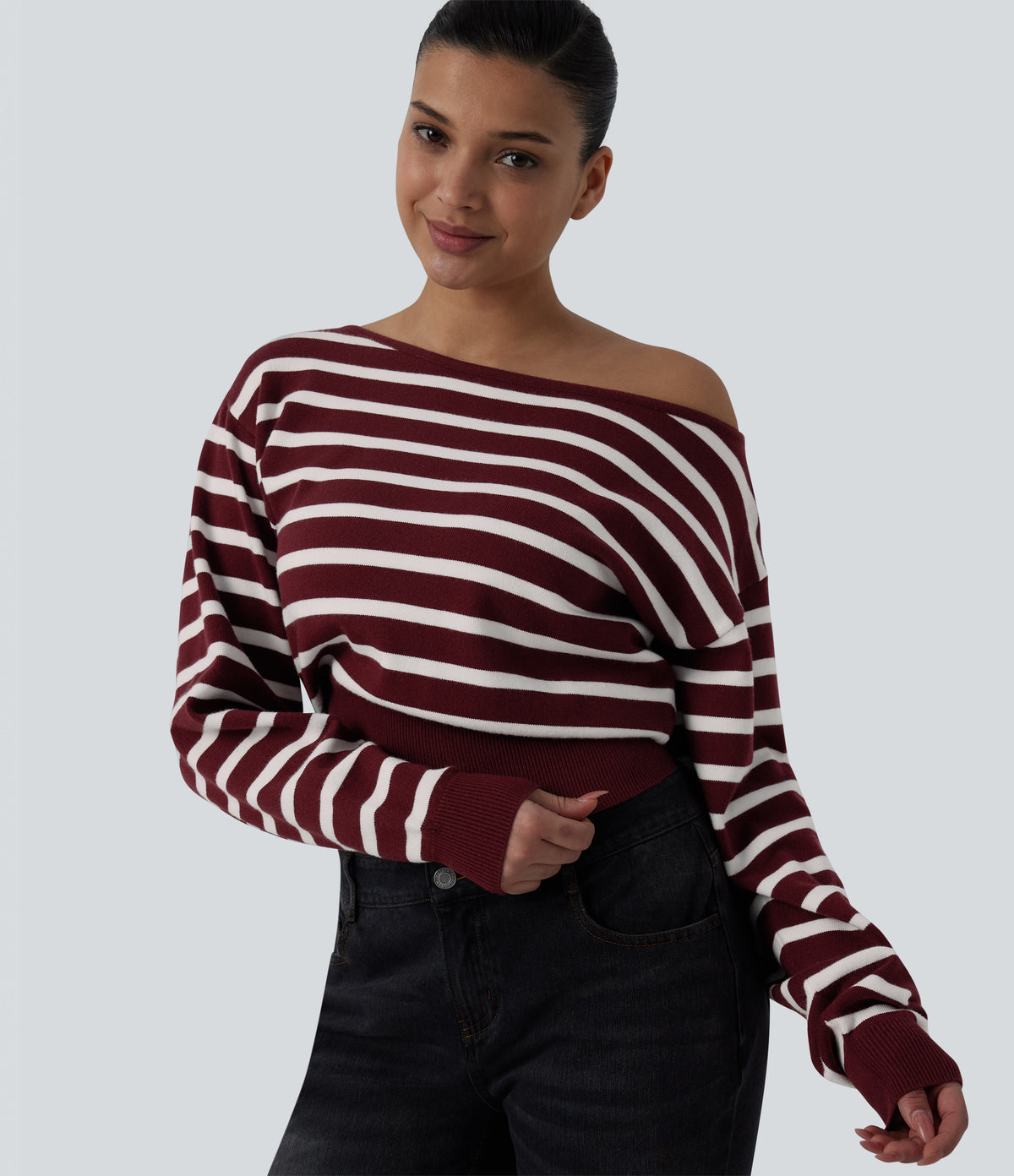 One-shoulder Long Sleeve Stripes Casual Jumper — Merlot Stripe — view 4