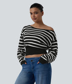 One-shoulder Long Sleeve Stripes Casual Jumper — Black White Horizontal Stripe — view 6