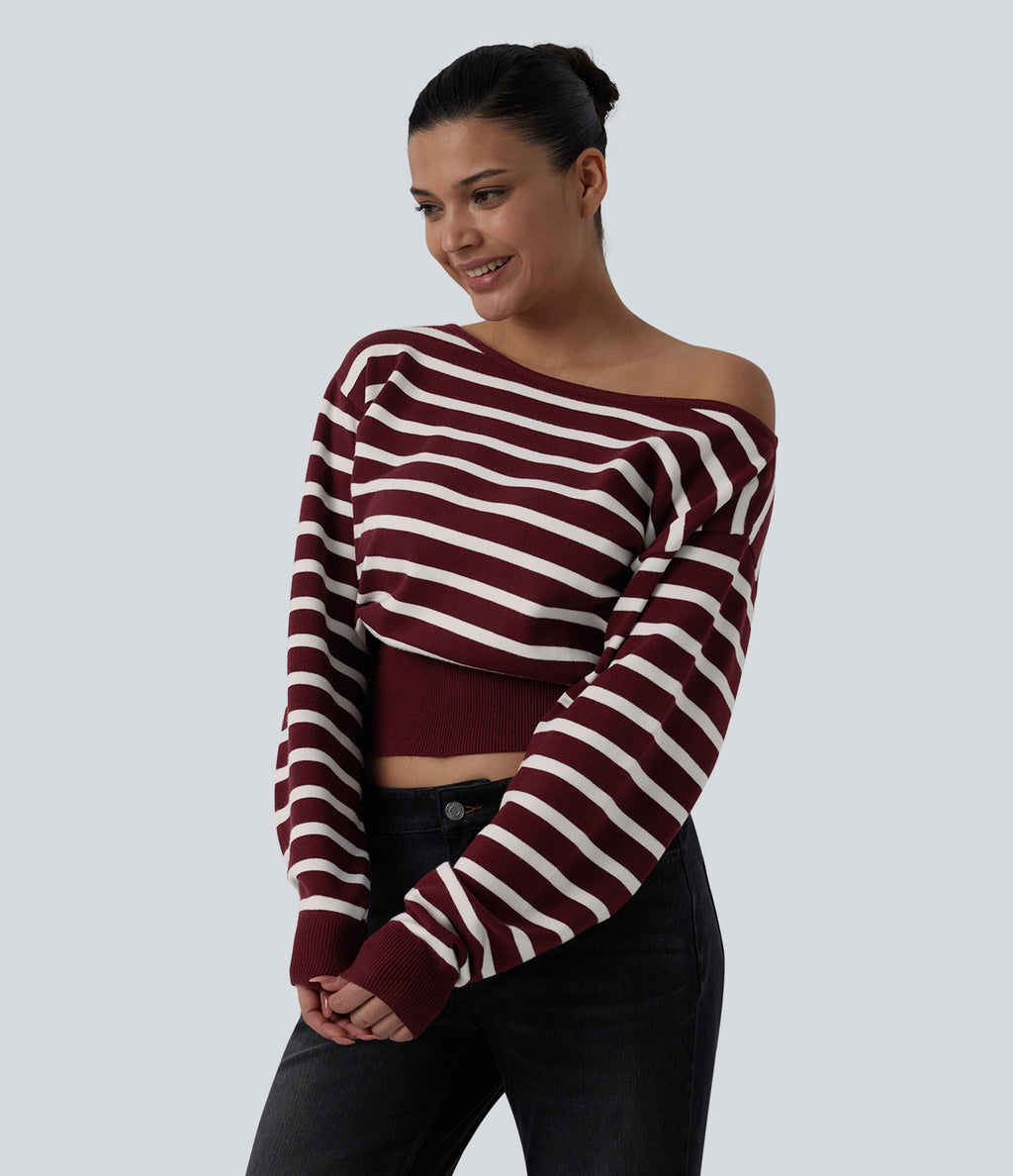 One-shoulder Long Sleeve Stripes Casual Jumper — Merlot Stripe — view 3