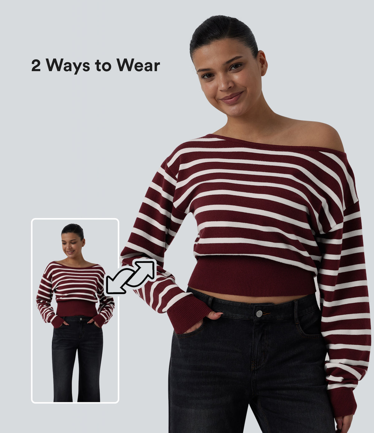 One-shoulder Long Sleeve Stripes Casual Jumper — Merlot Stripe — view 1