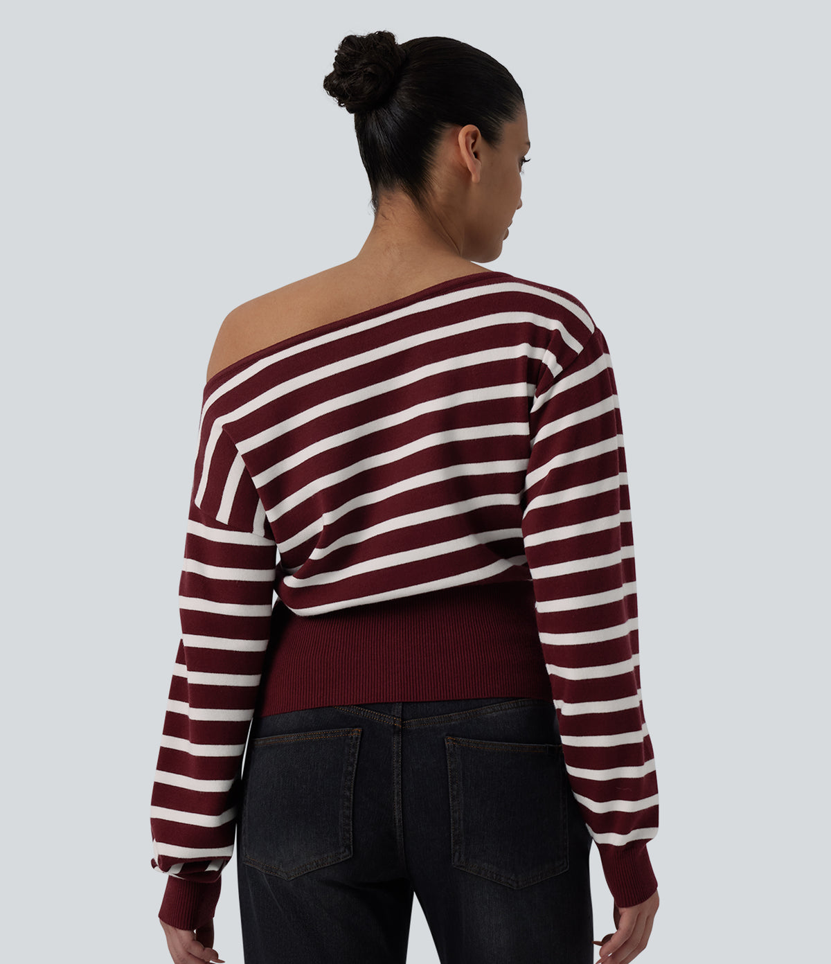 One-shoulder Long Sleeve Stripes Casual Jumper — Merlot Stripe — view 2