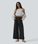 High Waisted Pleated Ankle Length Quick Dry Yoga Baggy Trousers with Pockets — Black — view 6
