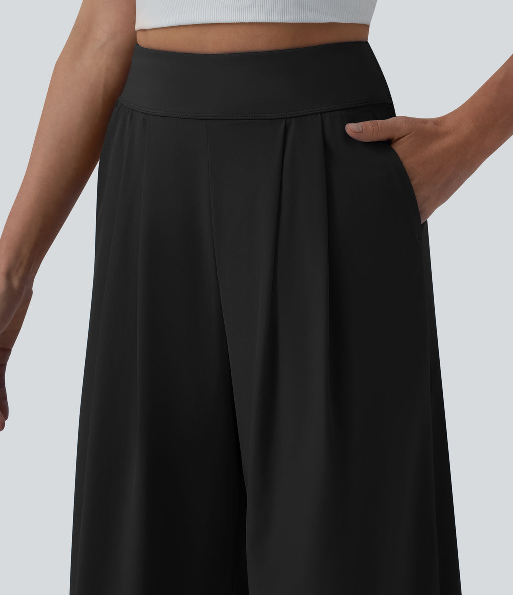 High Waisted Pleated Ankle Length Quick Dry Yoga Baggy Trousers with Pockets — Black — view 4