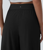 High Waisted Pleated Ankle Length Quick Dry Yoga Baggy Trousers with Pockets — Black — view 5
