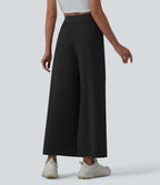 High Waisted Pleated Ankle Length Quick Dry Yoga Baggy Trousers with Pockets — Black — view 2