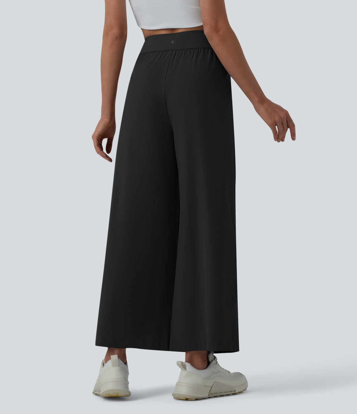 High Waisted Pleated Ankle Length Quick Dry Yoga Baggy Trousers with Pockets — Black — view 2