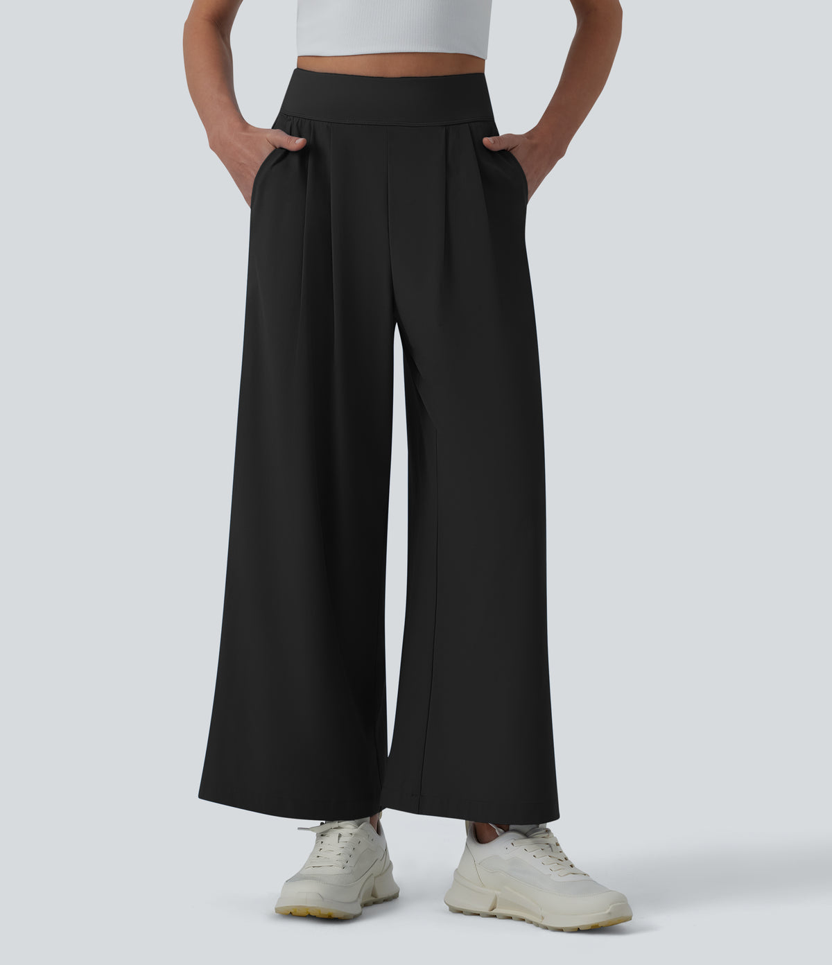 High Waisted Pleated Ankle Length Quick Dry Yoga Baggy Trousers with Pockets — Black — view 1