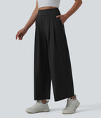 High Waisted Pleated Ankle Length Quick Dry Yoga Baggy Trousers with Pockets — Black — view 3