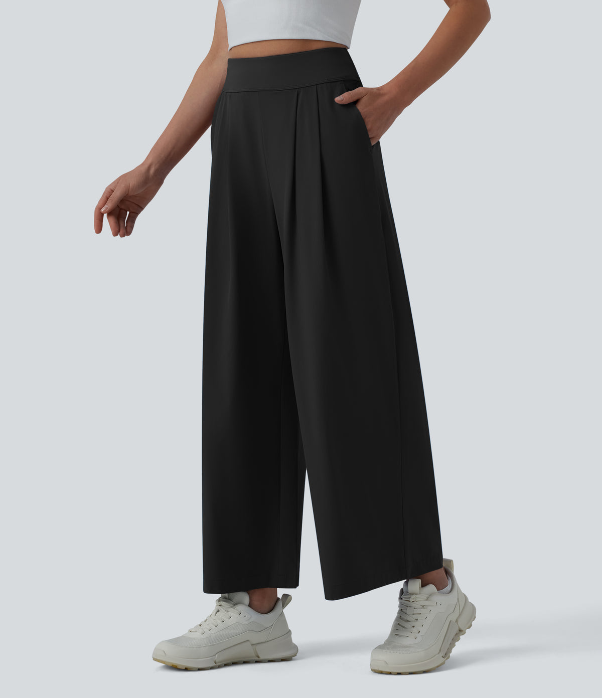 High Waisted Pleated Ankle Length Quick Dry Yoga Baggy Trousers with Pockets — Black — view 3