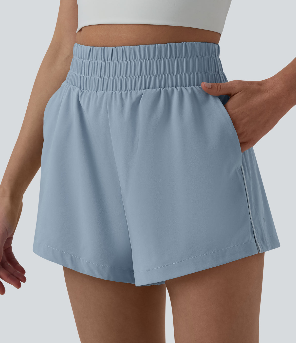 Reflective High Waisted 2-in-1 Quick Dry Workout Shorts with Pockets — Ballad Blue — view 5