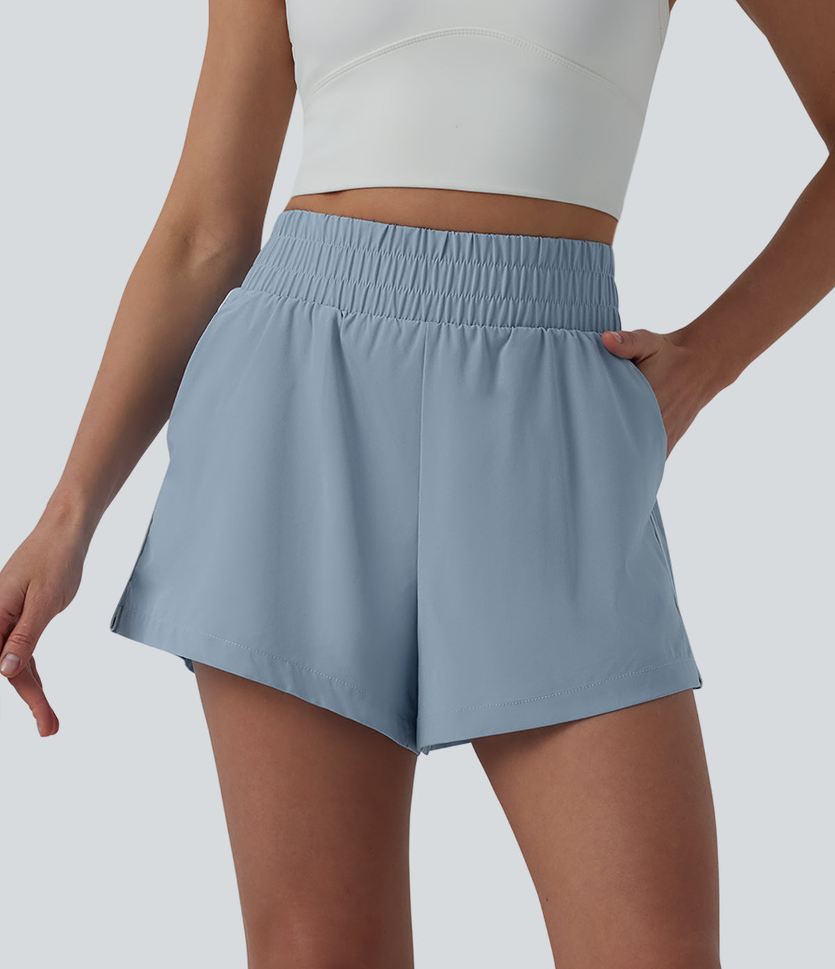 Reflective High Waisted 2-in-1 Quick Dry Workout Shorts with Pockets — Ballad Blue — view 3