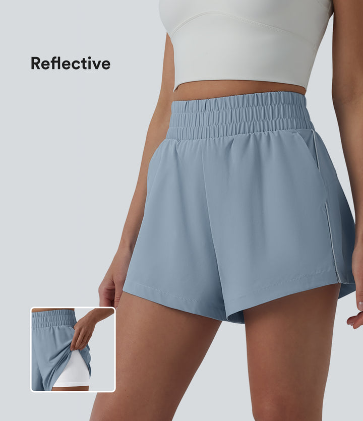 Reflective High Waisted 2-in-1 Quick Dry Workout Shorts with Pockets — Ballad Blue — view 1