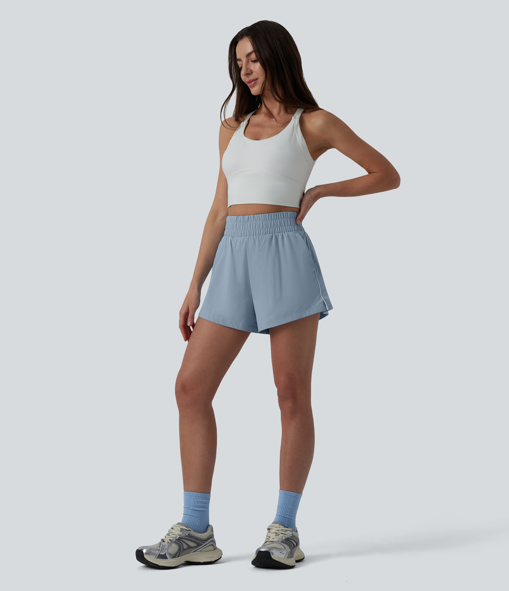 Reflective High Waisted 2-in-1 Quick Dry Workout Shorts with Pockets — Ballad Blue — view 6