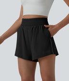Reflective High Waisted 2-in-1 Quick Dry Workout Shorts with Pockets — Black — view 7
