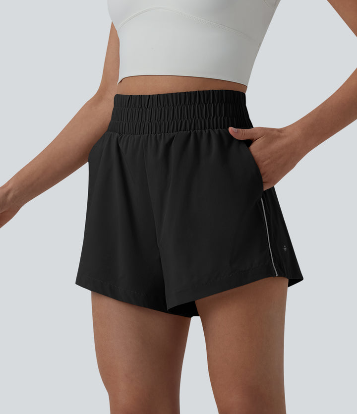 Reflective High Waisted 2-in-1 Quick Dry Workout Shorts with Pockets — Black — view 7