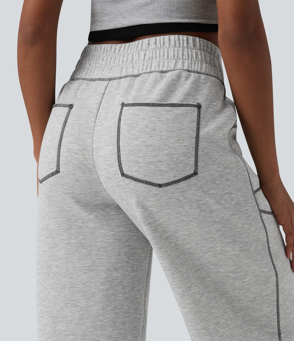 High Waisted Color Block Top-stitching Casual Barrel Leg Sweatpants with Pockets — Fog Gray — view 5