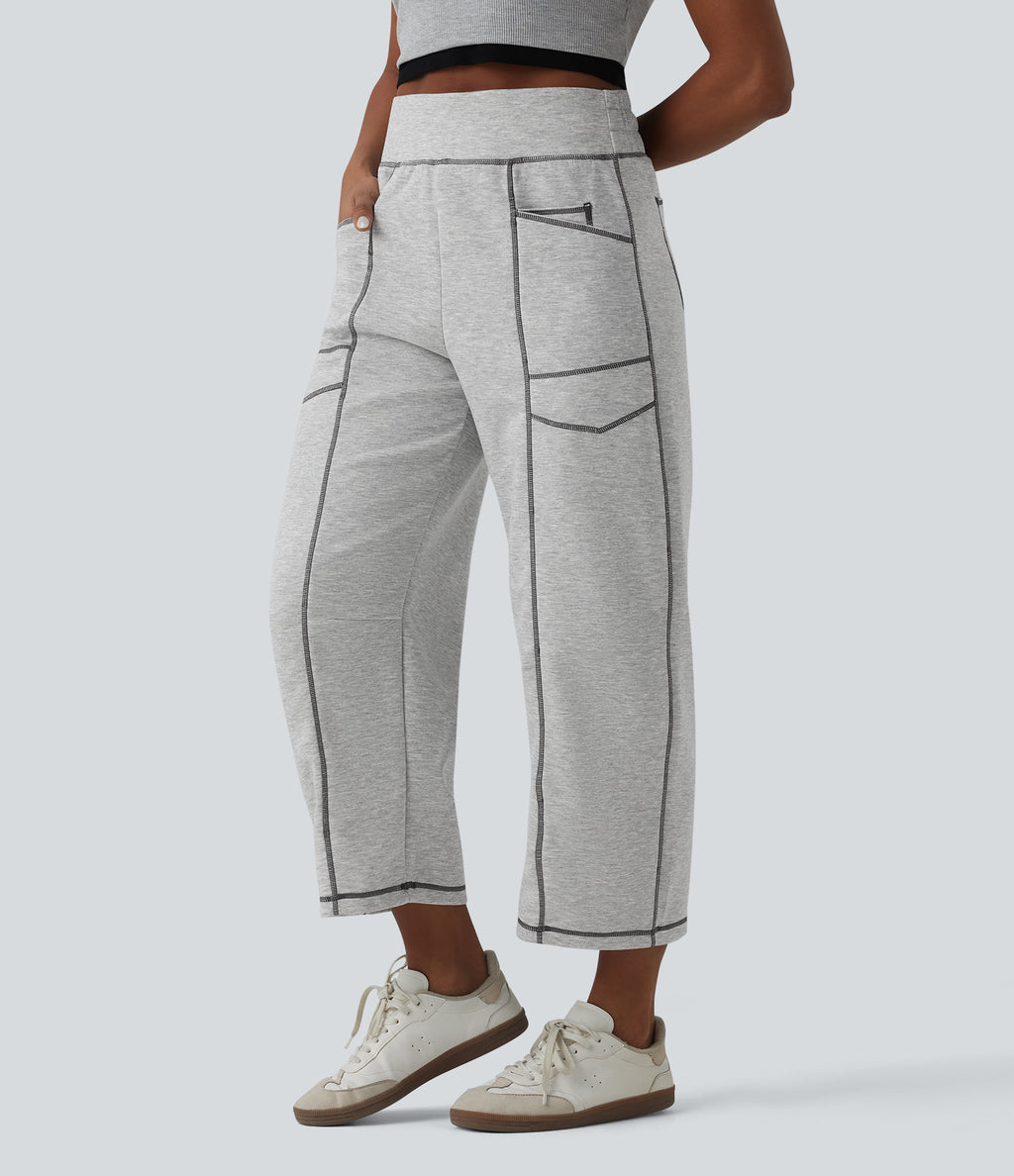 High Waisted Color Block Top-stitching Casual Barrel Leg Sweatpants with Pockets — Fog Gray — view 3