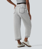 High Waisted Color Block Top-stitching Casual Barrel Leg Sweatpants with Pockets — Fog Gray — view 2
