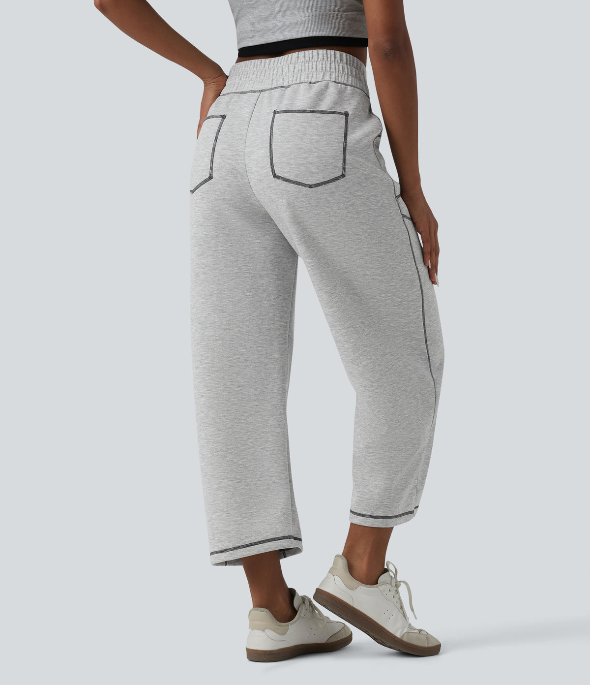 High Waisted Color Block Top-stitching Casual Barrel Leg Sweatpants with Pockets — Fog Gray — view 2