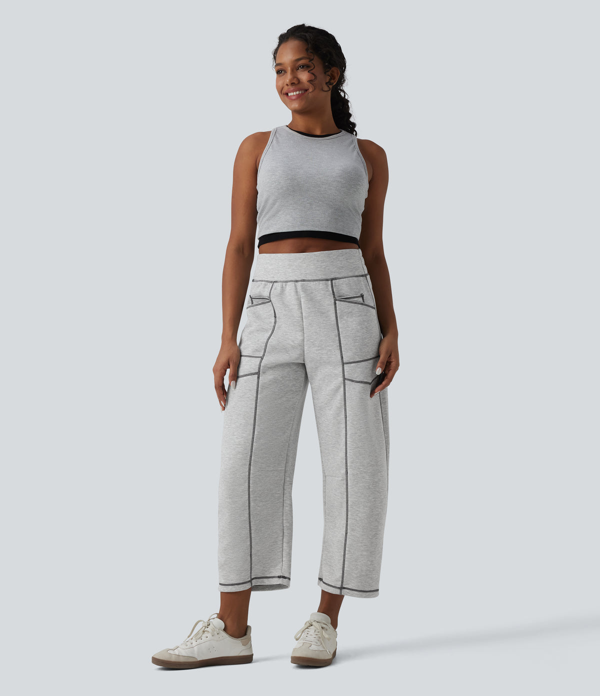 High Waisted Color Block Top-stitching Casual Barrel Leg Sweatpants with Pockets — Fog Gray — view 6