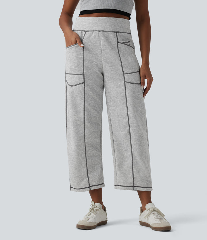 High Waisted Color Block Top-stitching Casual Barrel Leg Sweatpants with Pockets — Fog Gray — view 1