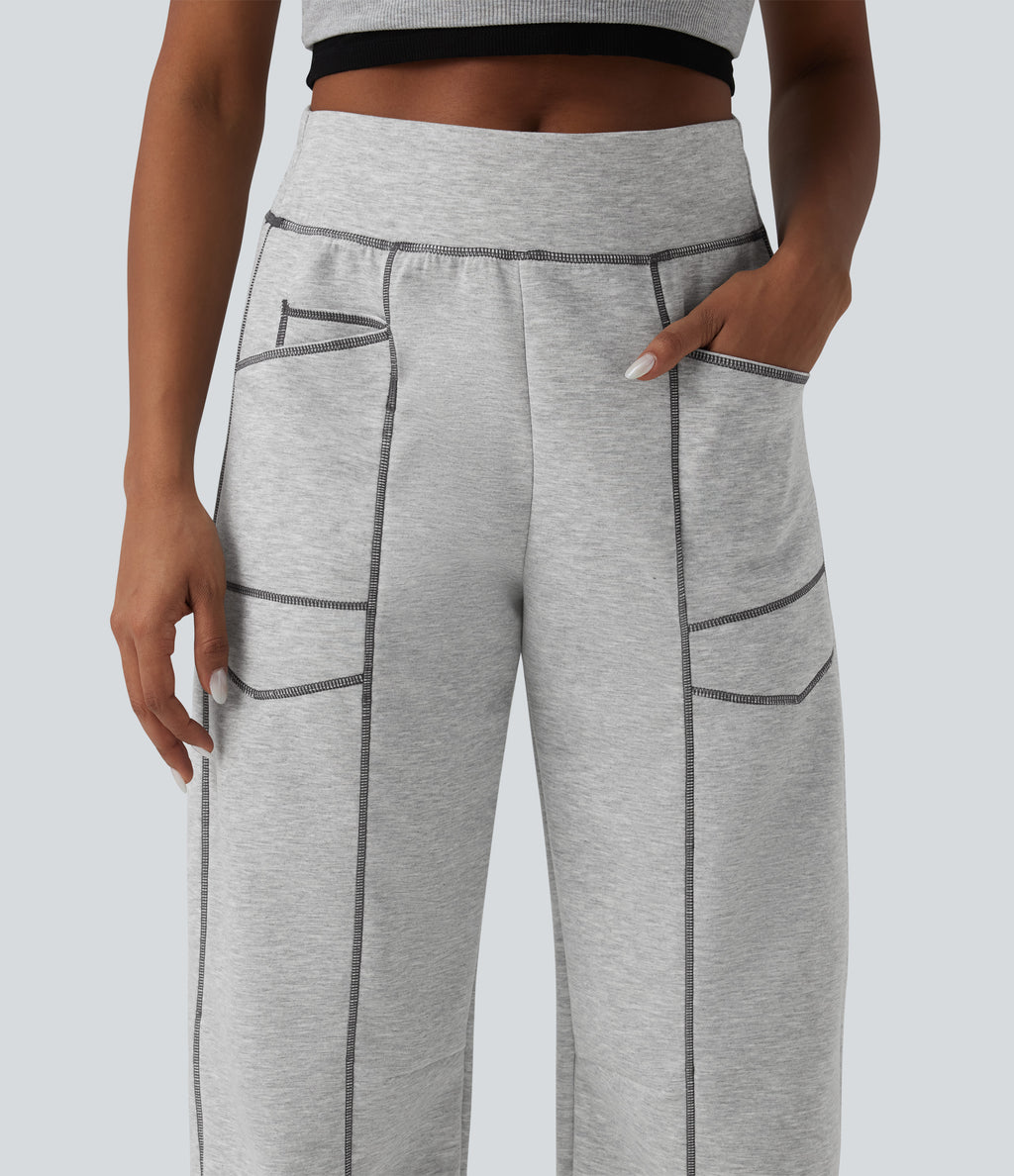 High Waisted Color Block Top-stitching Casual Barrel Leg Sweatpants with Pockets — Fog Gray — view 4