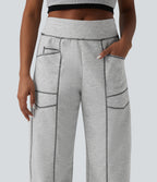 High Waisted Color Block Top-stitching Casual Barrel Leg Sweatpants with Pockets — Fog Gray — view 4