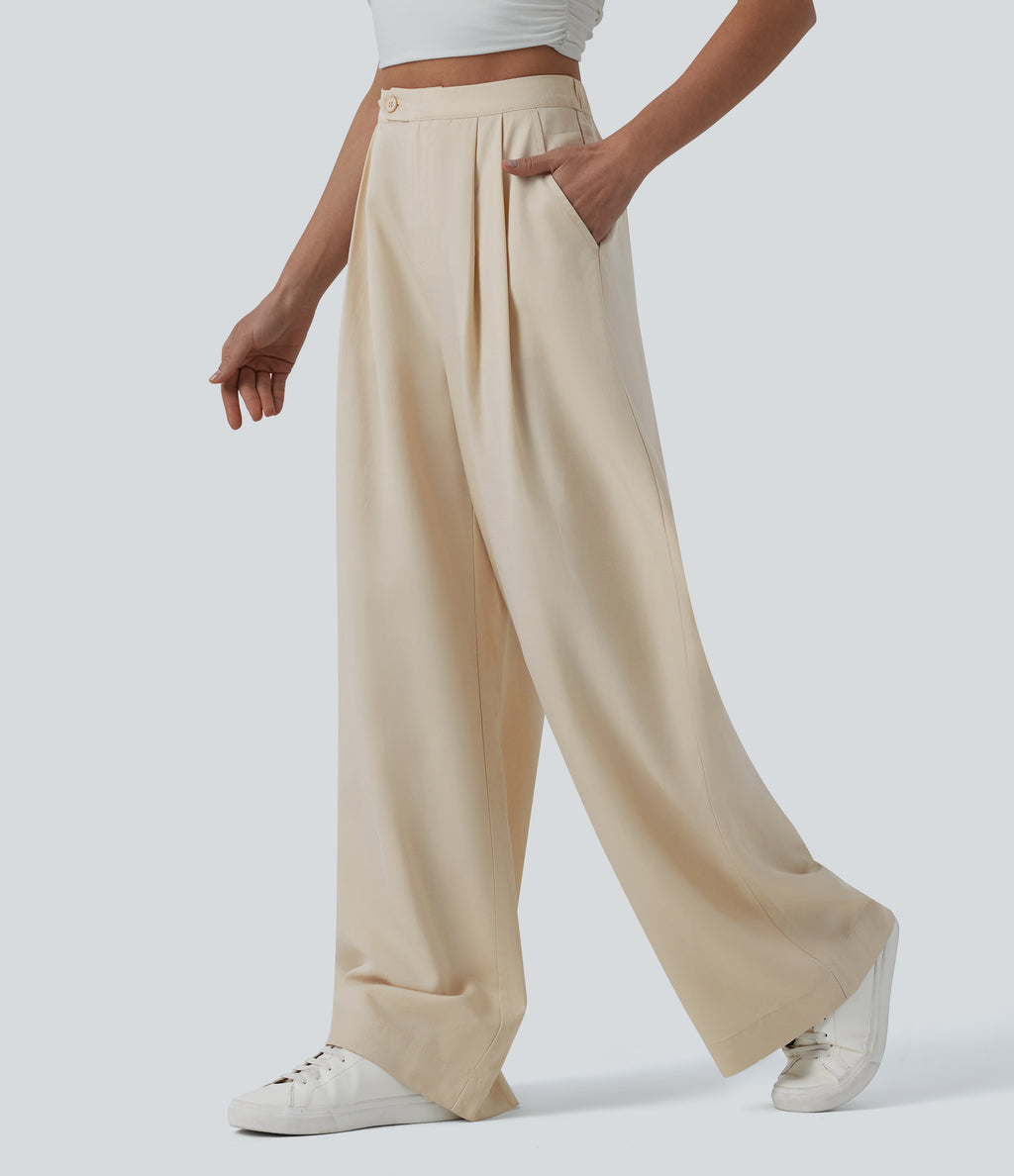 High Waisted Pleated Wide Leg Draped Flowy Linen Casual Trousers with Pockets — French Oak — view 1