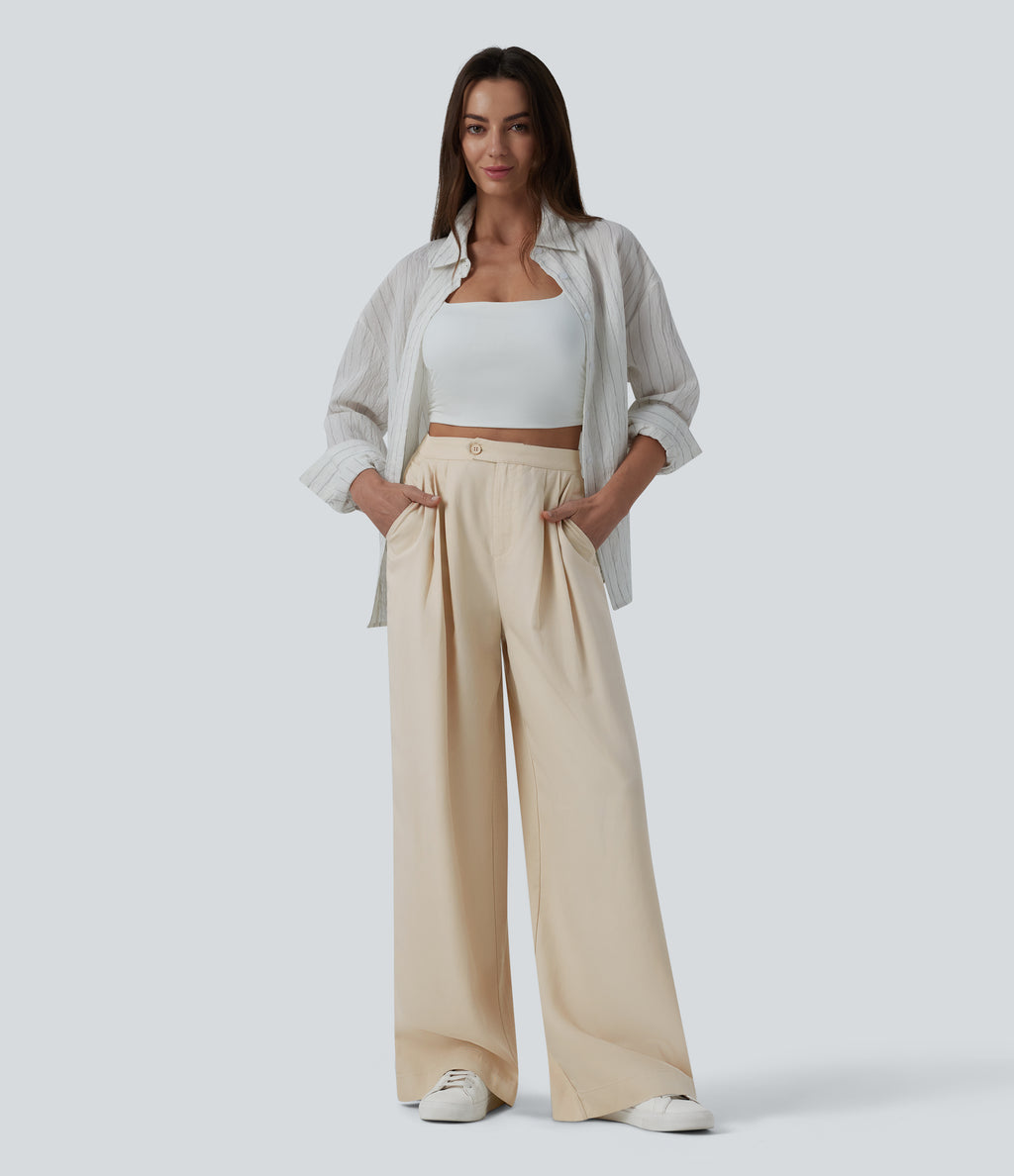 High Waisted Pleated Wide Leg Draped Flowy Linen Casual Trousers with Pockets — French Oak — view 5