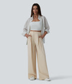 High Waisted Pleated Wide Leg Draped Flowy Linen Casual Trousers with Pockets — French Oak — view 5