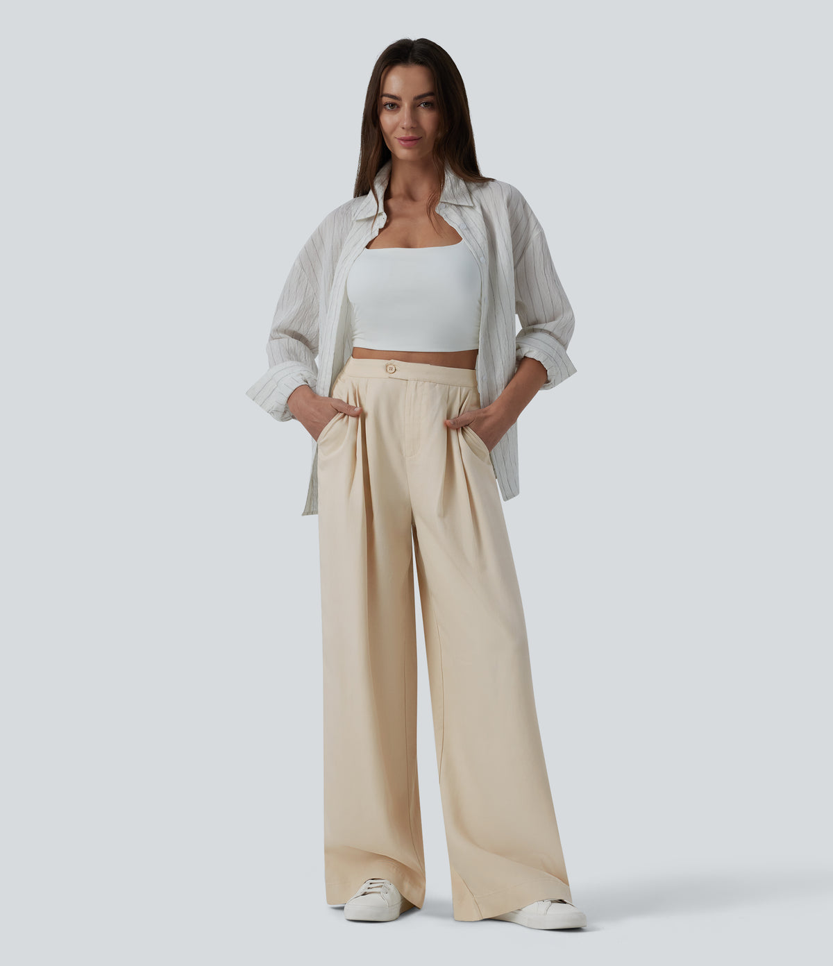 High Waisted Pleated Wide Leg Draped Flowy Linen Casual Trousers with Pockets — French Oak — view 5