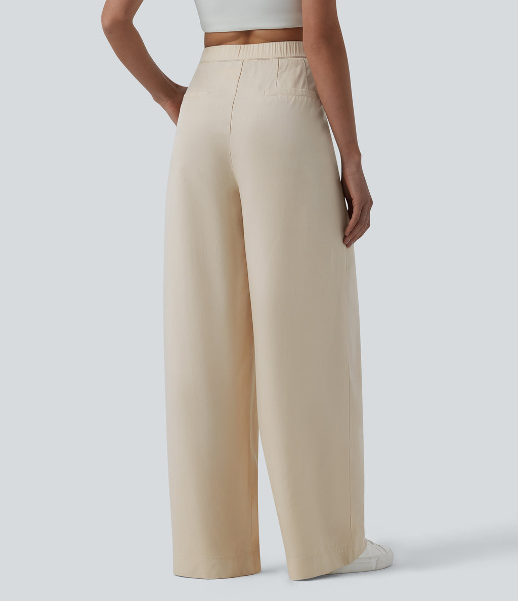 High Waisted Pleated Wide Leg Draped Flowy Linen Casual Trousers with Pockets — French Oak — view 2