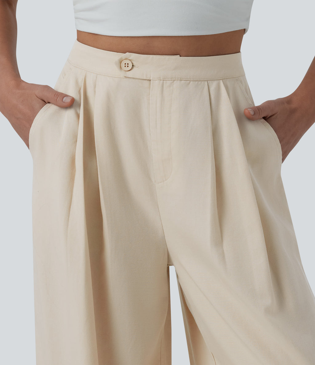 High Waisted Pleated Wide Leg Draped Flowy Linen Casual Trousers with Pockets — French Oak — view 4