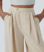 High Waisted Pleated Wide Leg Draped Flowy Linen Casual Trousers with Pockets — French Oak — view 4