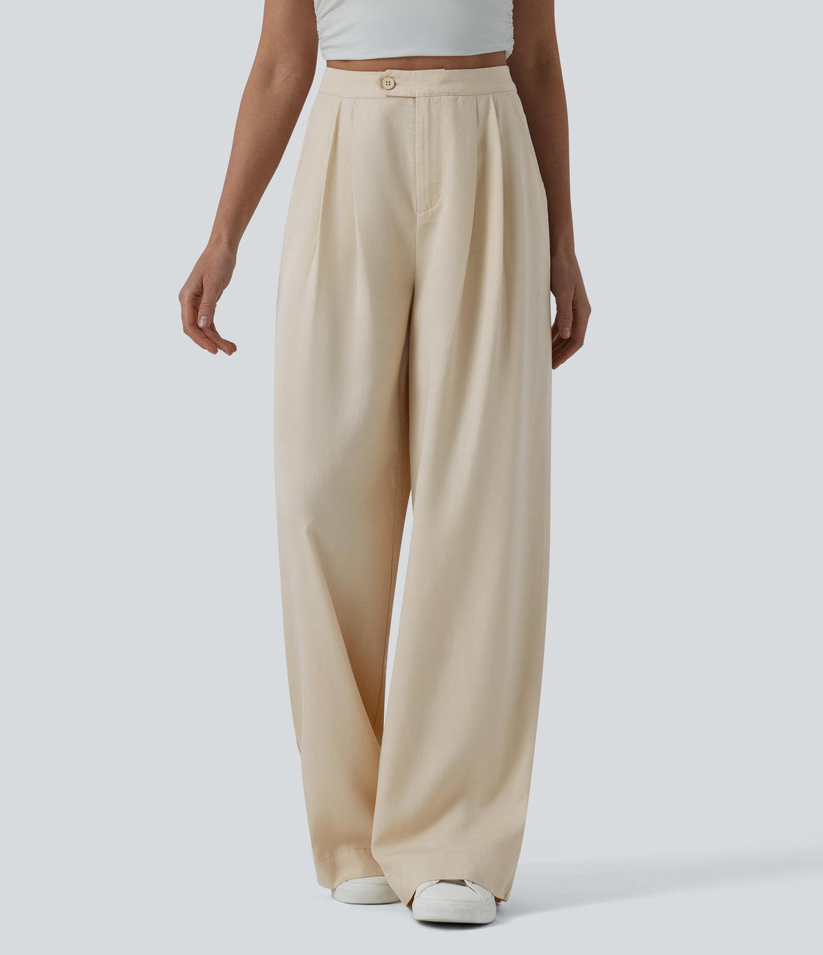 High Waisted Pleated Wide Leg Draped Flowy Linen Casual Trousers with Pockets — French Oak — view 3