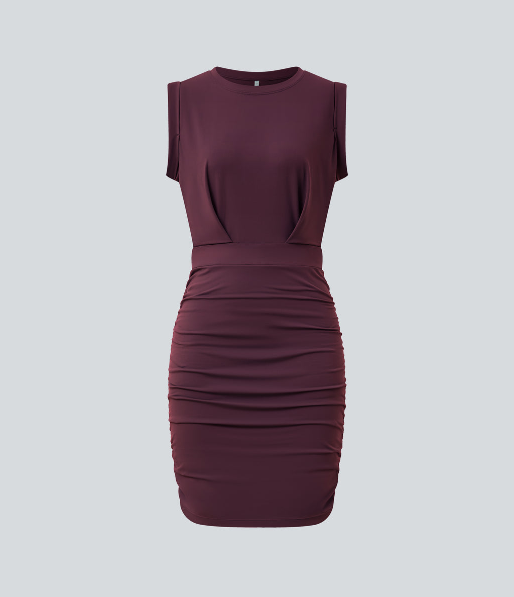 Airy Round Neck Sleeveless Ruched InstantCool Bodycon Mini Party Dress — Fig — view 7
