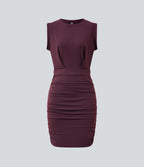 Airy Round Neck Sleeveless Ruched InstantCool Bodycon Mini Party Dress — Fig — view 7