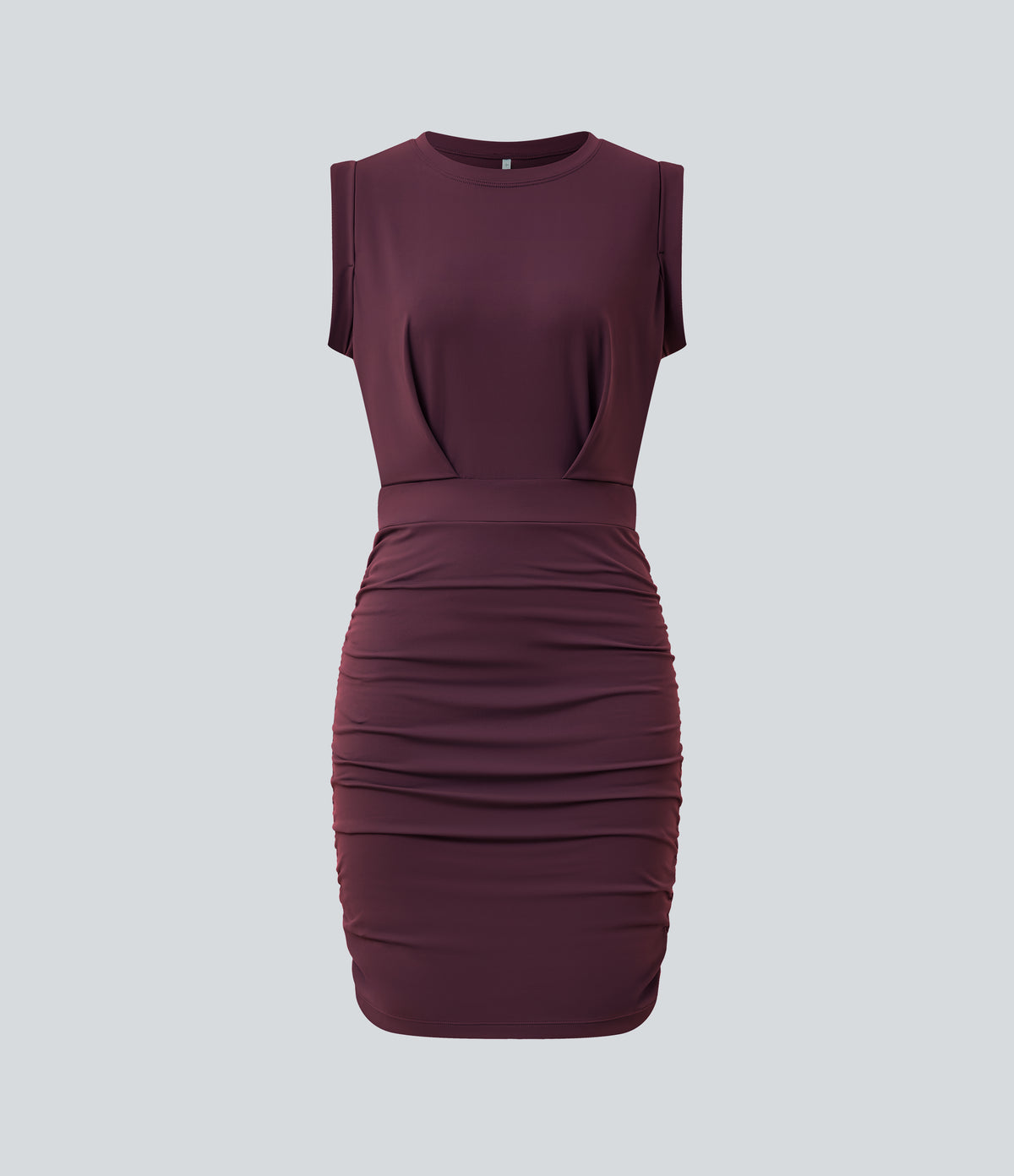Airy Round Neck Sleeveless Ruched InstantCool Bodycon Mini Party Dress — Fig — view 7