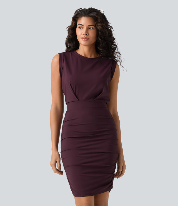 Airy Round Neck Sleeveless Ruched InstantCool Bodycon Mini Party Dress — Fig — view 1