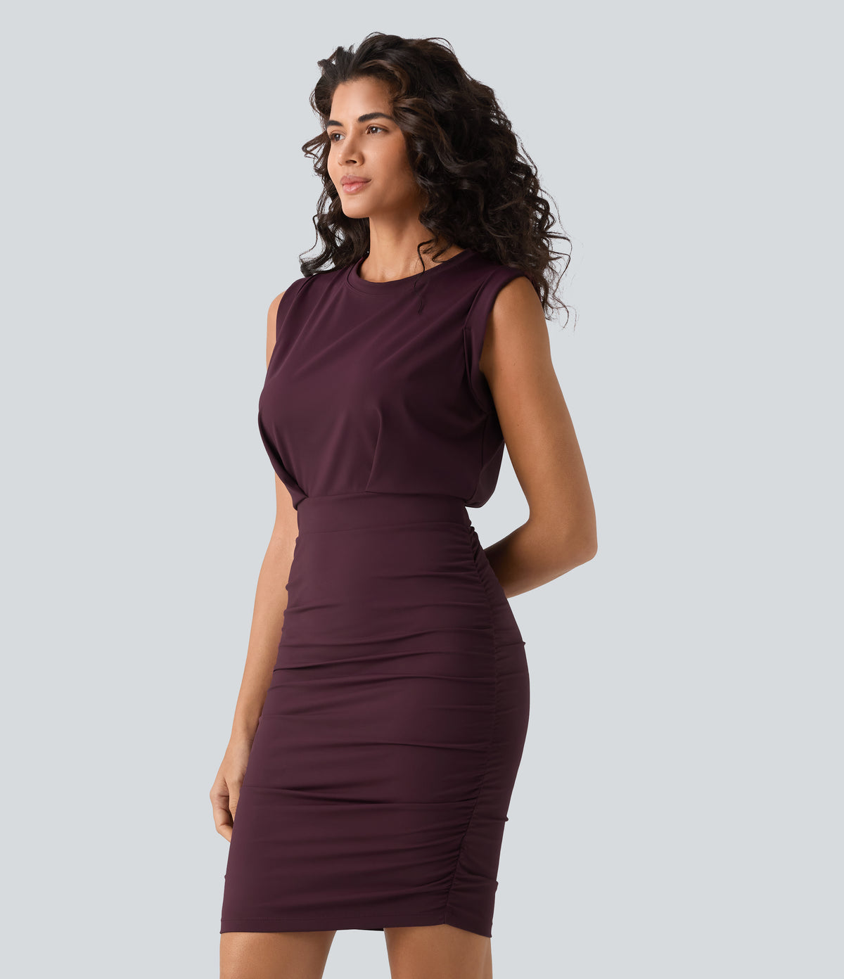 Airy Round Neck Sleeveless Ruched InstantCool Bodycon Mini Party Dress — Fig — view 3