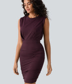 Airy Round Neck Sleeveless Ruched InstantCool Bodycon Mini Party Dress — Fig — view 4