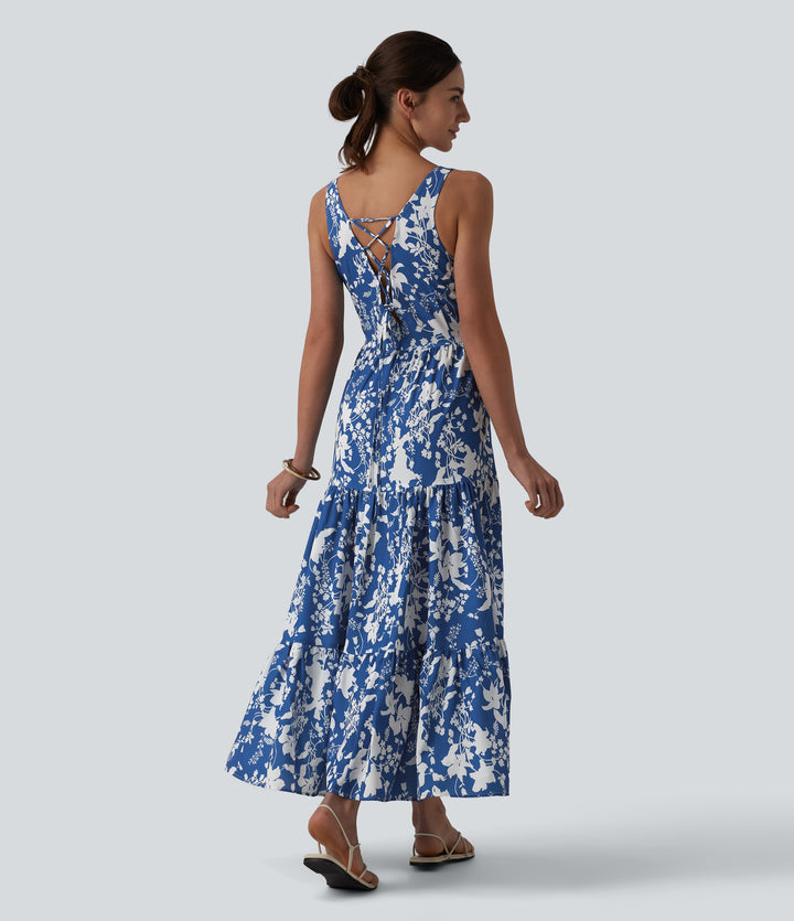 Sweetheart Neck Sleeveless Lace-up Floral Print Maxi Resort Dress — Royal Bloom — view 1
