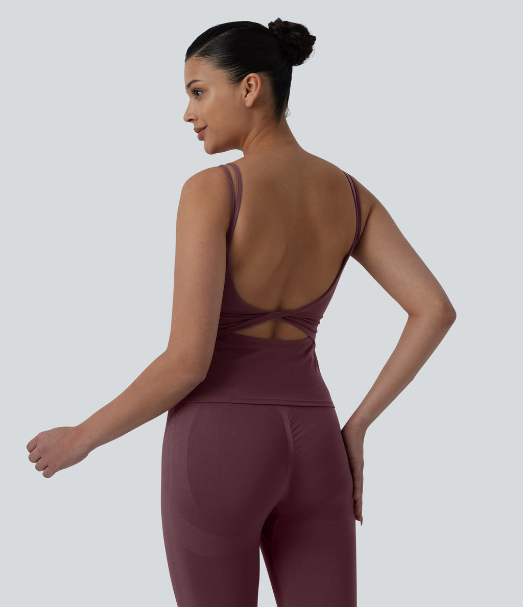 Double Straps Twisted Backless Cropped Yoga Tank Top-Longer Length — Evening Red — view 4