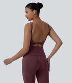 Double Straps Twisted Backless Cropped Yoga Tank Top-Longer Length — Evening Red — view 4