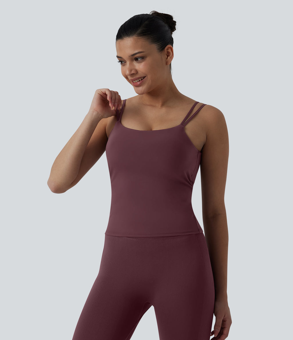 Double Straps Twisted Backless Cropped Yoga Tank Top-Longer Length — Evening Red — view 3