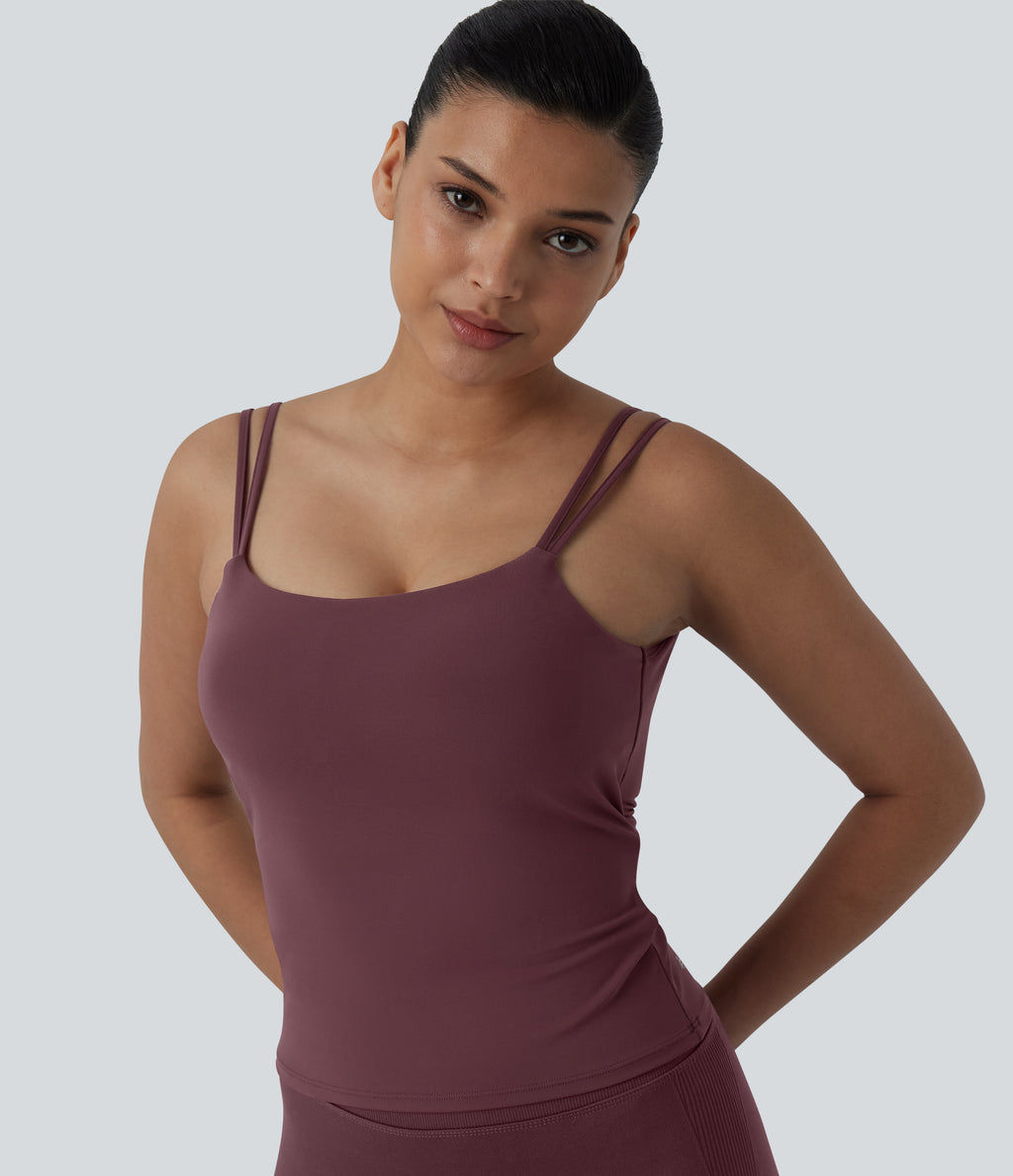 Double Straps Twisted Backless Cropped Yoga Tank Top-Longer Length — Evening Red — view 5