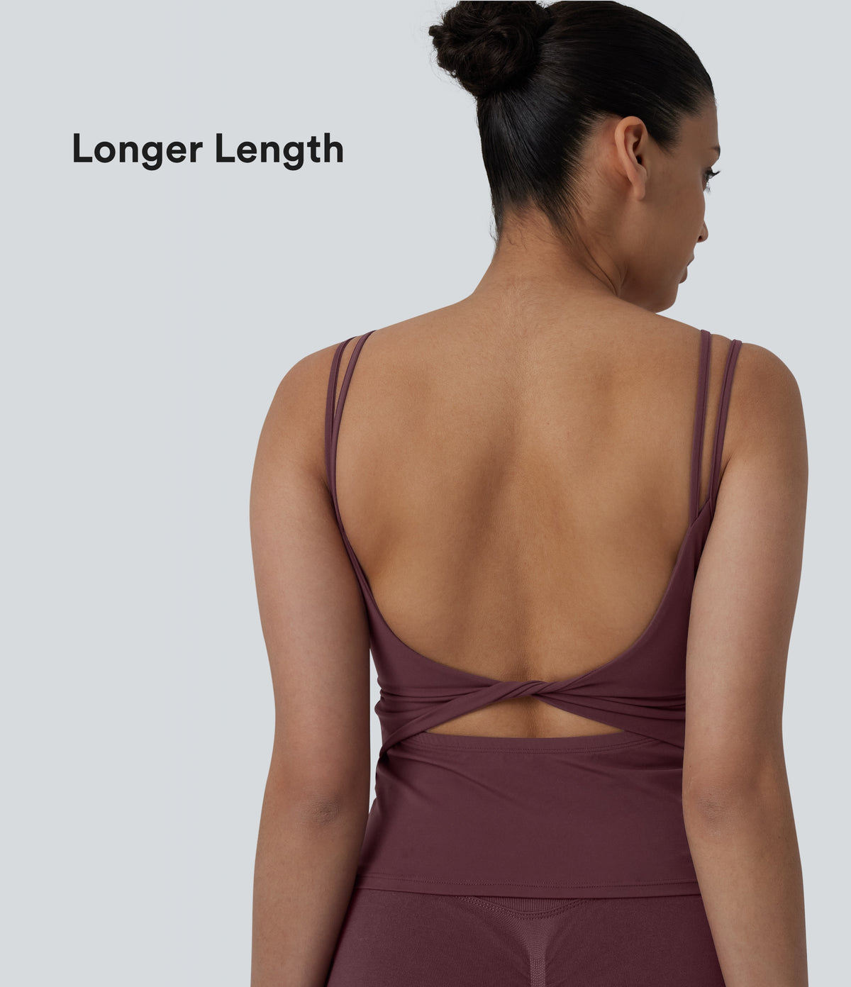 Double Straps Twisted Backless Cropped Yoga Tank Top-Longer Length — Evening Red — view 1