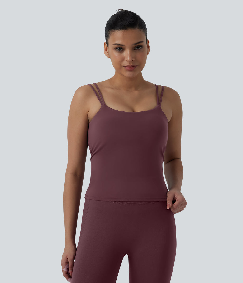 Double Straps Twisted Backless Cropped Yoga Tank Top-Longer Length — Evening Red — view 2
